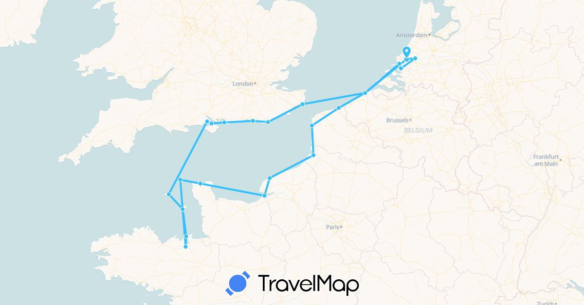 TravelMap itinerary: driving, boat in Belgium, France, United Kingdom, Guernsey, Jersey, Netherlands (Europe)